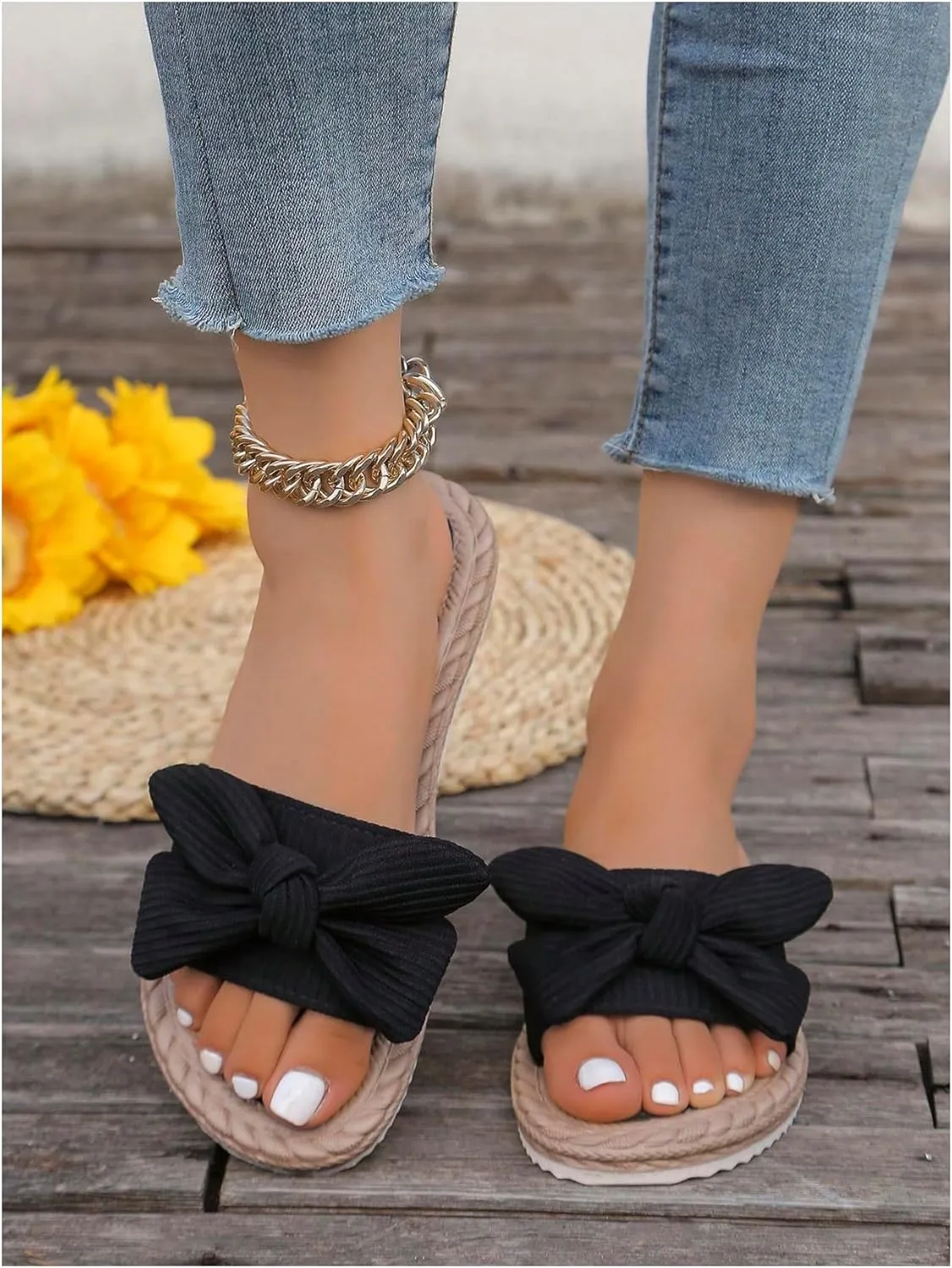 GORGLITTER Women's Bow Knot Flat Sandals Open Toe Slip On Slide Slipper Single Band Flats