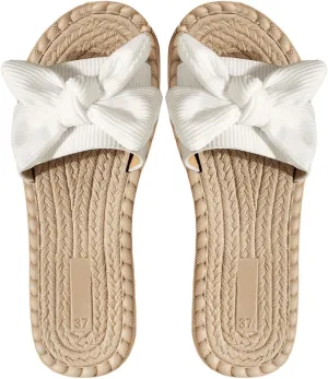 GORGLITTER Women's Bow Knot Flat Sandals Open Toe Slip On Slide Slipper Single Band Flats