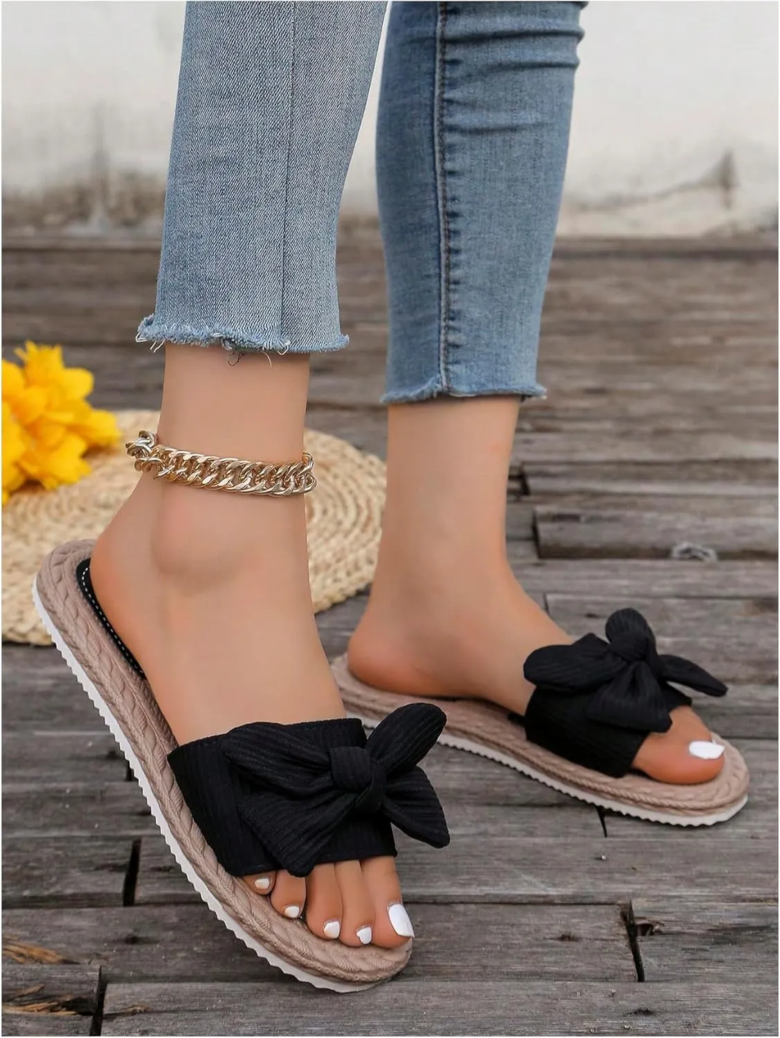 GORGLITTER Women's Bow Knot Flat Sandals Open Toe Slip On Slide Slipper Single Band Flats