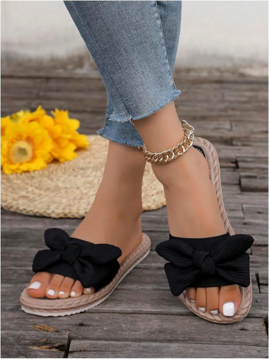 GORGLITTER Women's Bow Knot Flat Sandals Open Toe Slip On Slide Slipper Single Band Flats