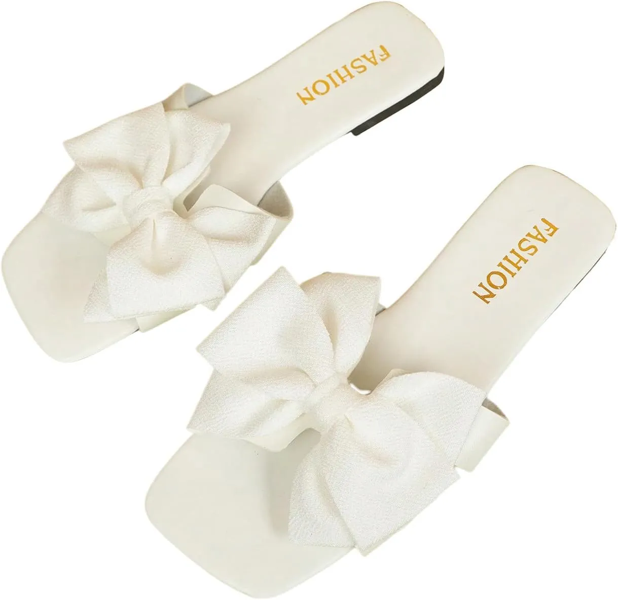 GORGLITTER Women's Bow Sandals Dressy Square Open Toe Flat Sandals Comfortable Slip On Slide Summer Wedding Shoes