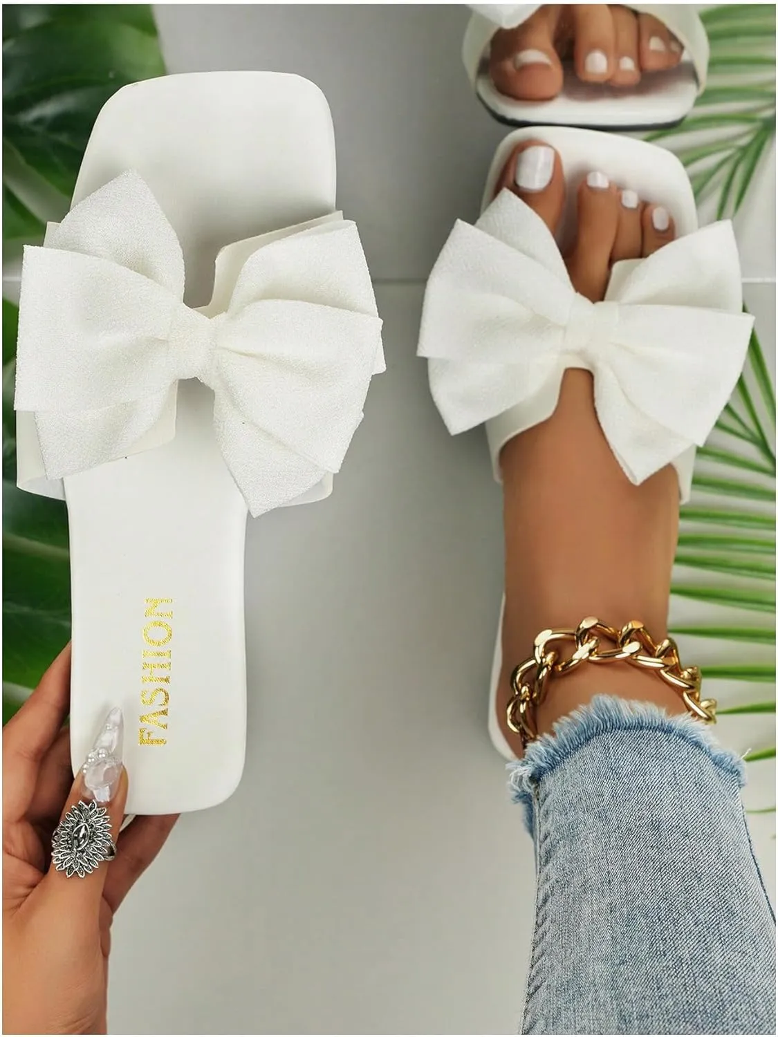 GORGLITTER Women's Bow Sandals Dressy Square Open Toe Flat Sandals Comfortable Slip On Slide Summer Wedding Shoes
