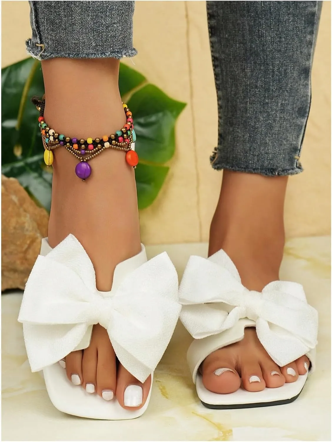 GORGLITTER Women's Bow Sandals Dressy Square Open Toe Flat Sandals Comfortable Slip On Slide Summer Wedding Shoes