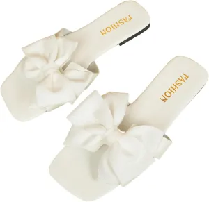 GORGLITTER Women's Bow Sandals Dressy Square Open Toe Flat Sandals Comfortable Slip On Slide Summer Wedding Shoes