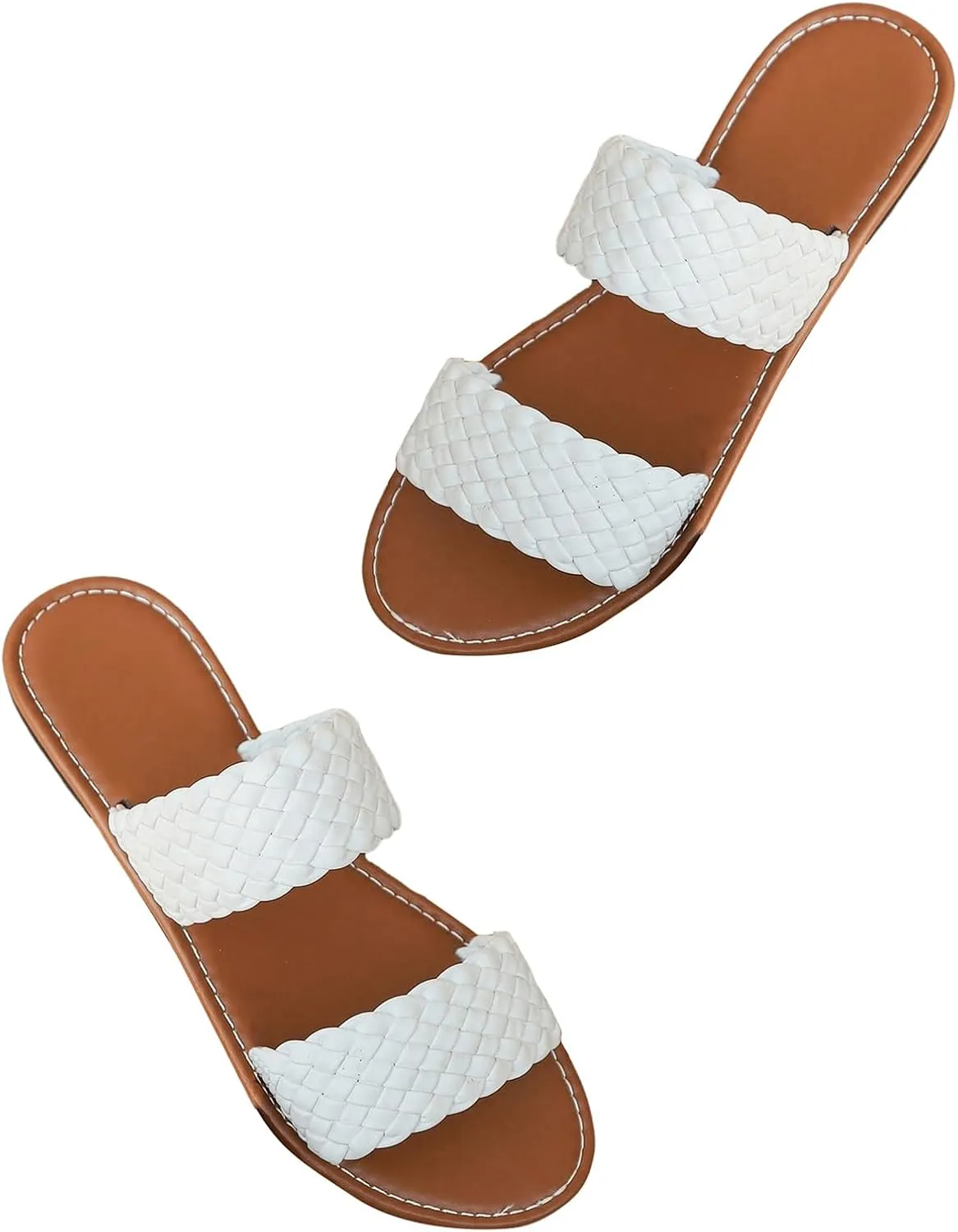 GORGLITTER Women's Braided Double Band Vacation Flats Round Open Toe Pu Leather Slide Sandals