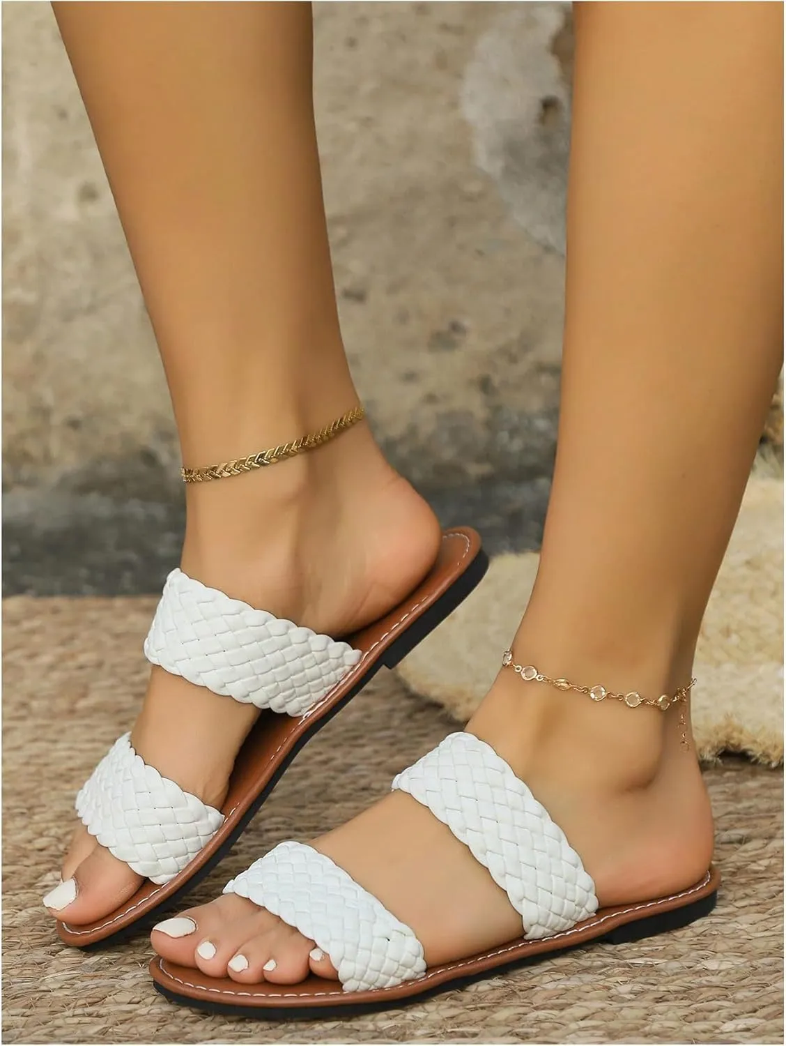 GORGLITTER Women's Braided Double Band Vacation Flats Round Open Toe Pu Leather Slide Sandals