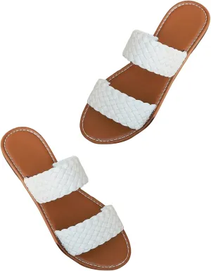 GORGLITTER Women's Braided Double Band Vacation Flats Round Open Toe Pu Leather Slide Sandals