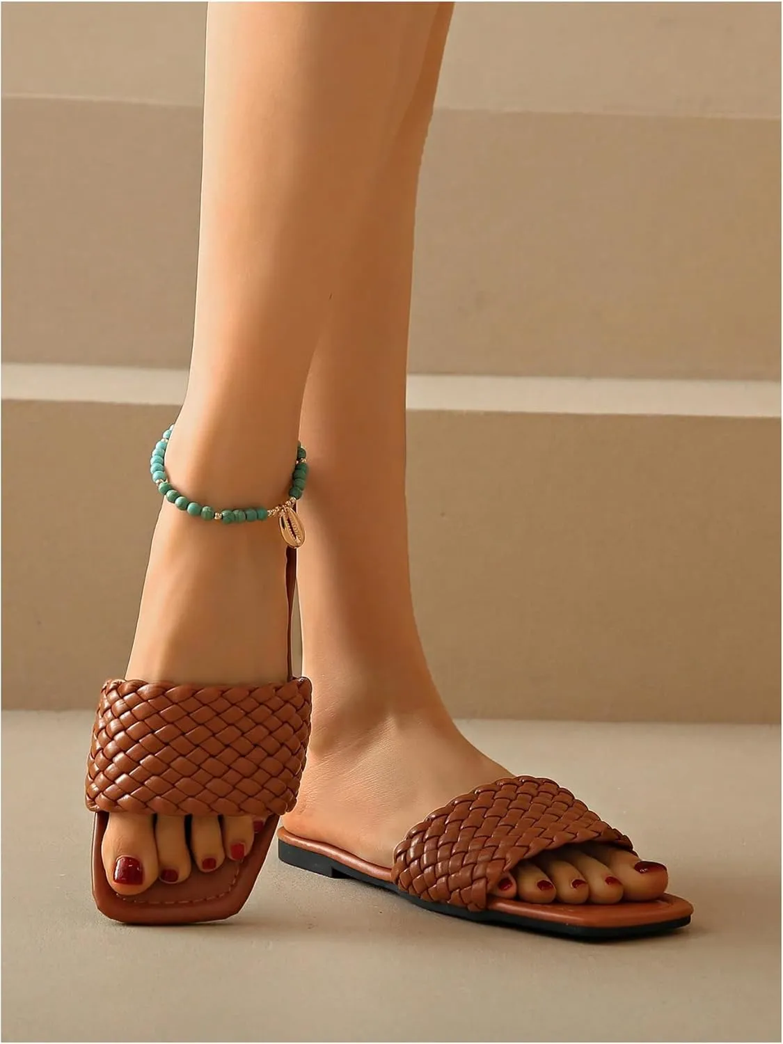 GORGLITTER Women's Braided Single Band Vacation Slide Sandals Square Open Toe Dressy Flats