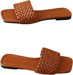 GORGLITTER Women's Braided Single Band Vacation Slide Sandals Square Open Toe Dressy Flats
