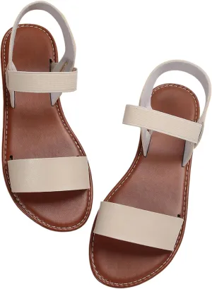 GORGLITTER Women's Leather Ankle Strap Flat Sandals Dressy Trendy Open Toe Vacation Summer Slides Sandal Shoes
