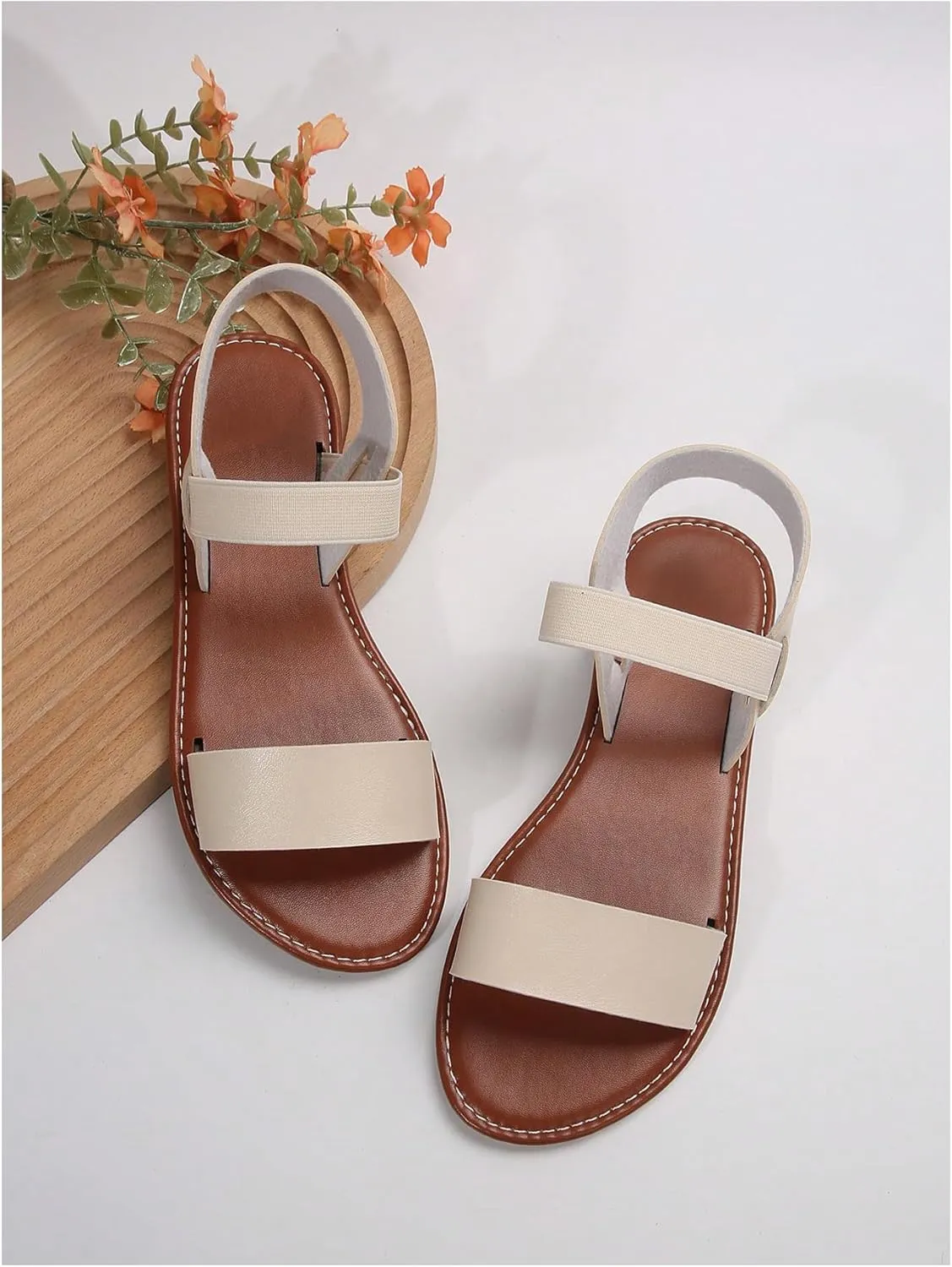 GORGLITTER Women's Leather Ankle Strap Flat Sandals Dressy Trendy Open Toe Vacation Summer Slides Sandal Shoes
