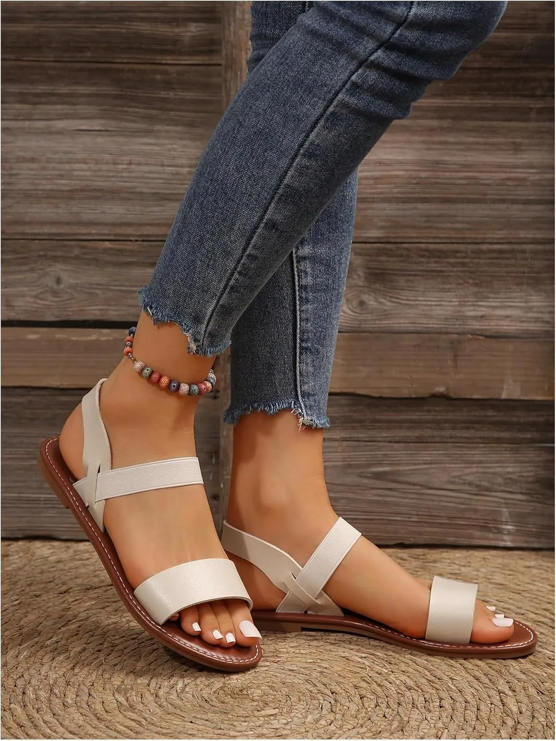 GORGLITTER Women's Leather Ankle Strap Flat Sandals Dressy Trendy Open Toe Vacation Summer Slides Sandal Shoes