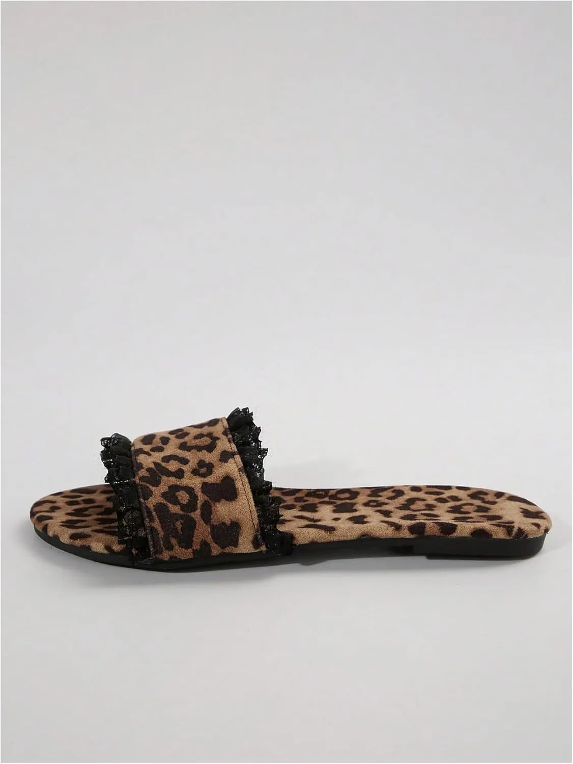 GORGLITTER Women's Leopard Print Lace Trim Flat Sandals Y2K Open Toe Slip On Cheetah Slide Shoes