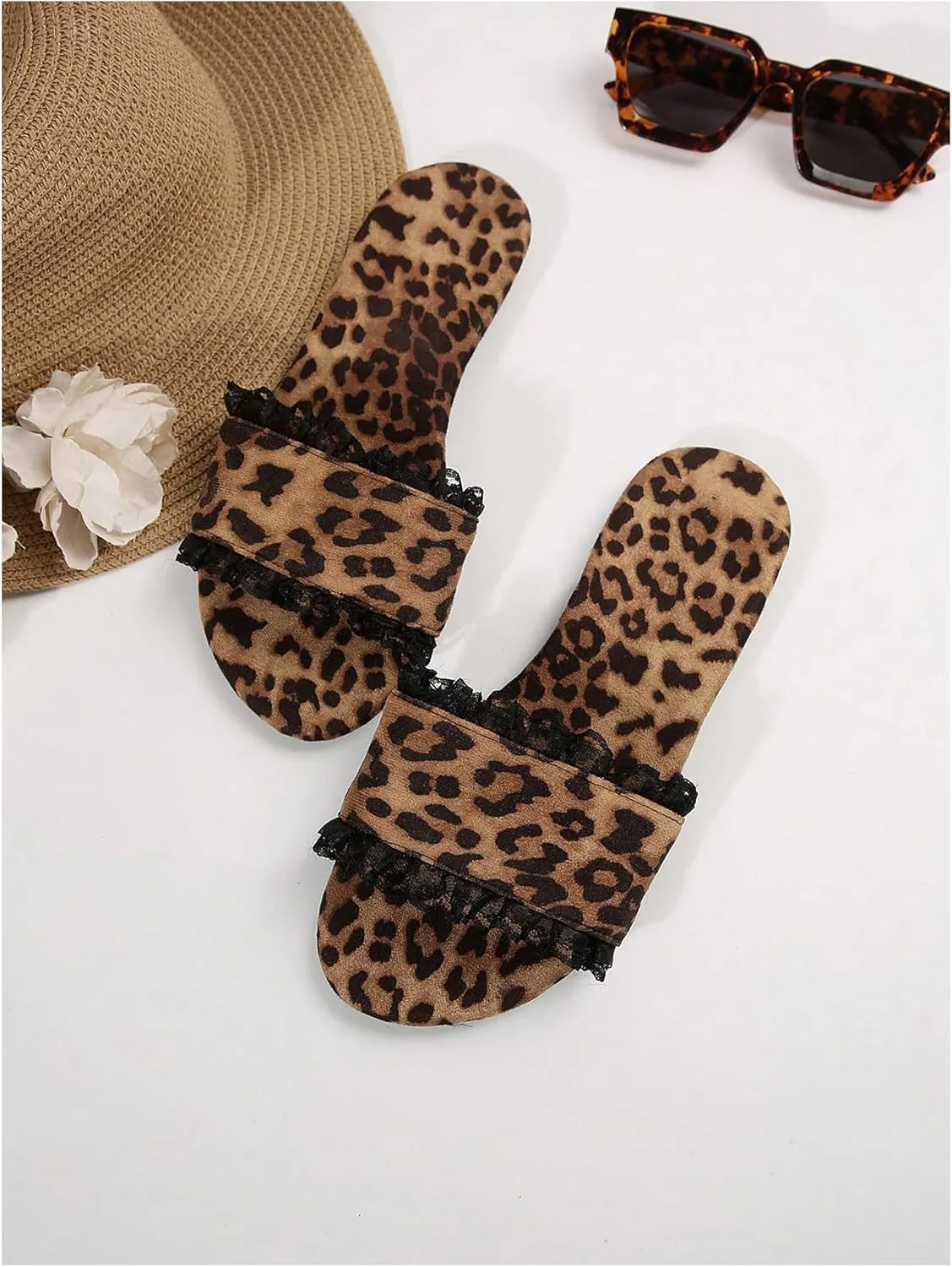 GORGLITTER Women's Leopard Print Lace Trim Flat Sandals Y2K Open Toe Slip On Cheetah Slide Shoes