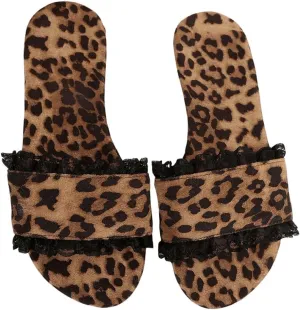 GORGLITTER Women's Leopard Print Lace Trim Flat Sandals Y2K Open Toe Slip On Cheetah Slide Shoes