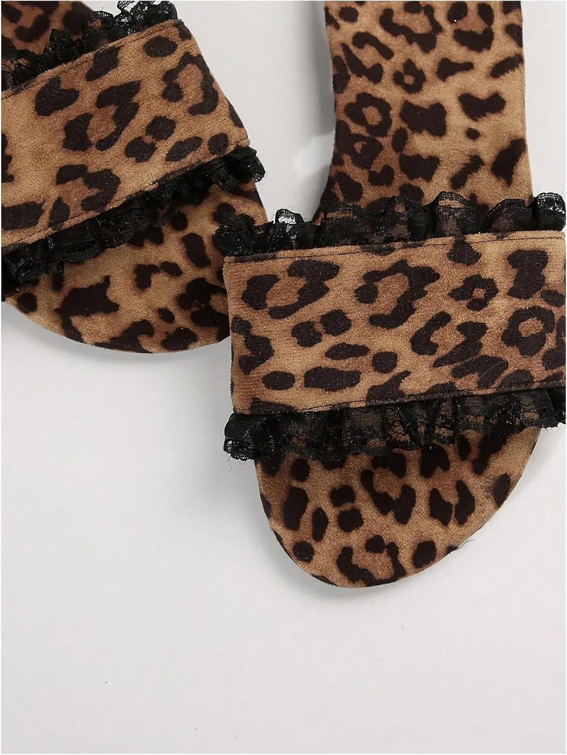 GORGLITTER Women's Leopard Print Lace Trim Flat Sandals Y2K Open Toe Slip On Cheetah Slide Shoes