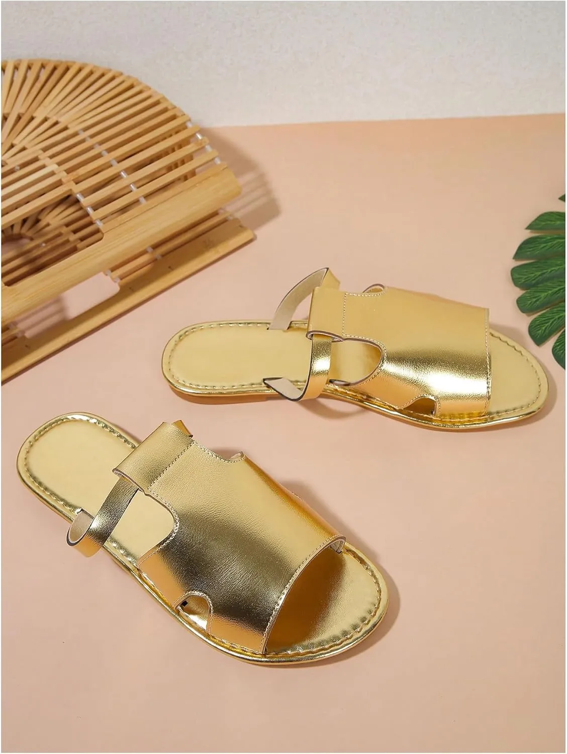 GORGLITTER Women's Metallic Sandals Cut Out Open Toe Slides Beach Shoes