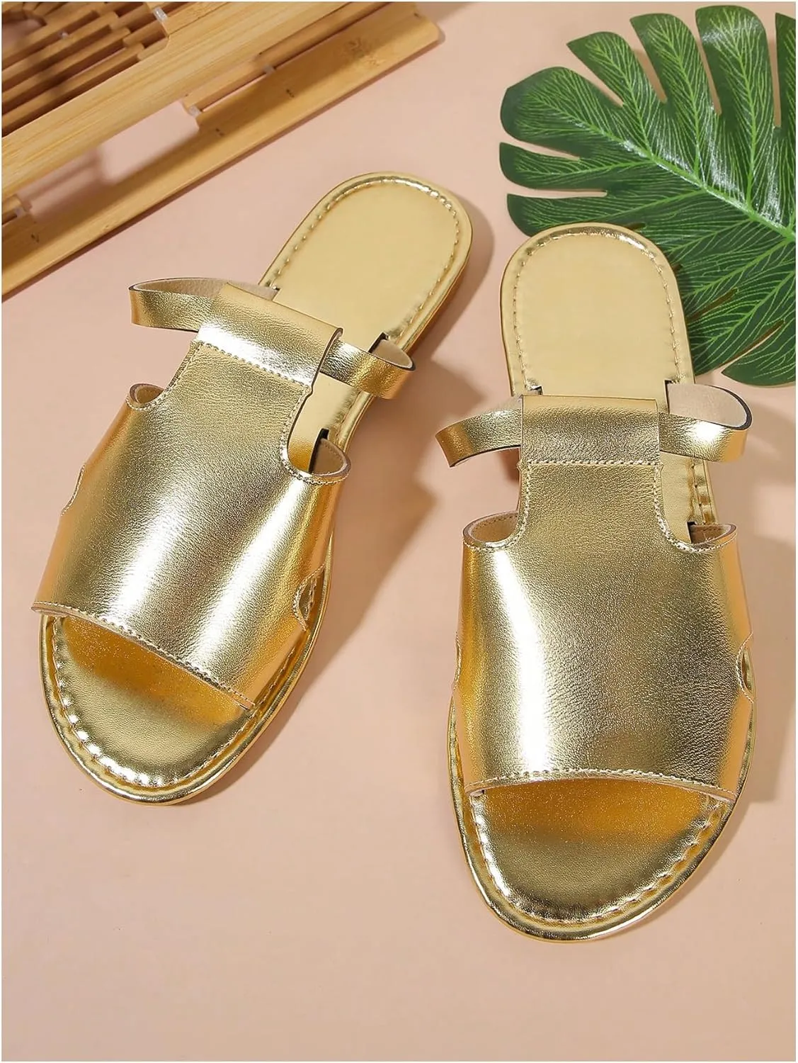 GORGLITTER Women's Metallic Sandals Cut Out Open Toe Slides Beach Shoes