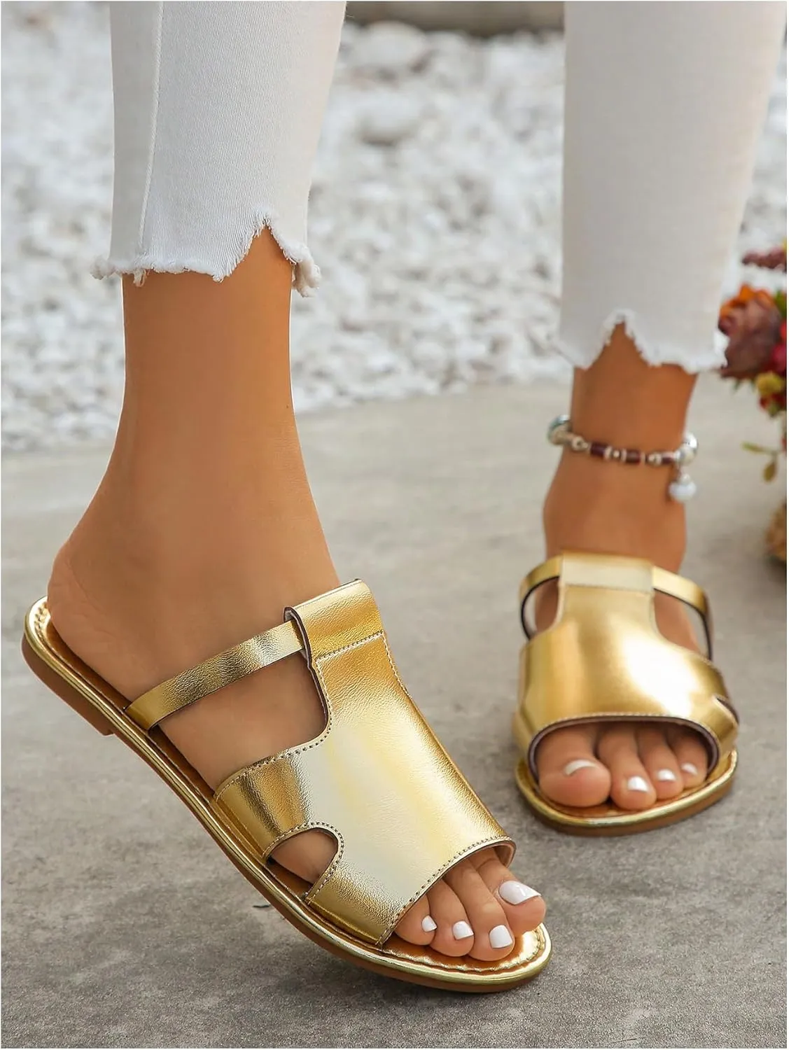 GORGLITTER Women's Metallic Sandals Cut Out Open Toe Slides Beach Shoes