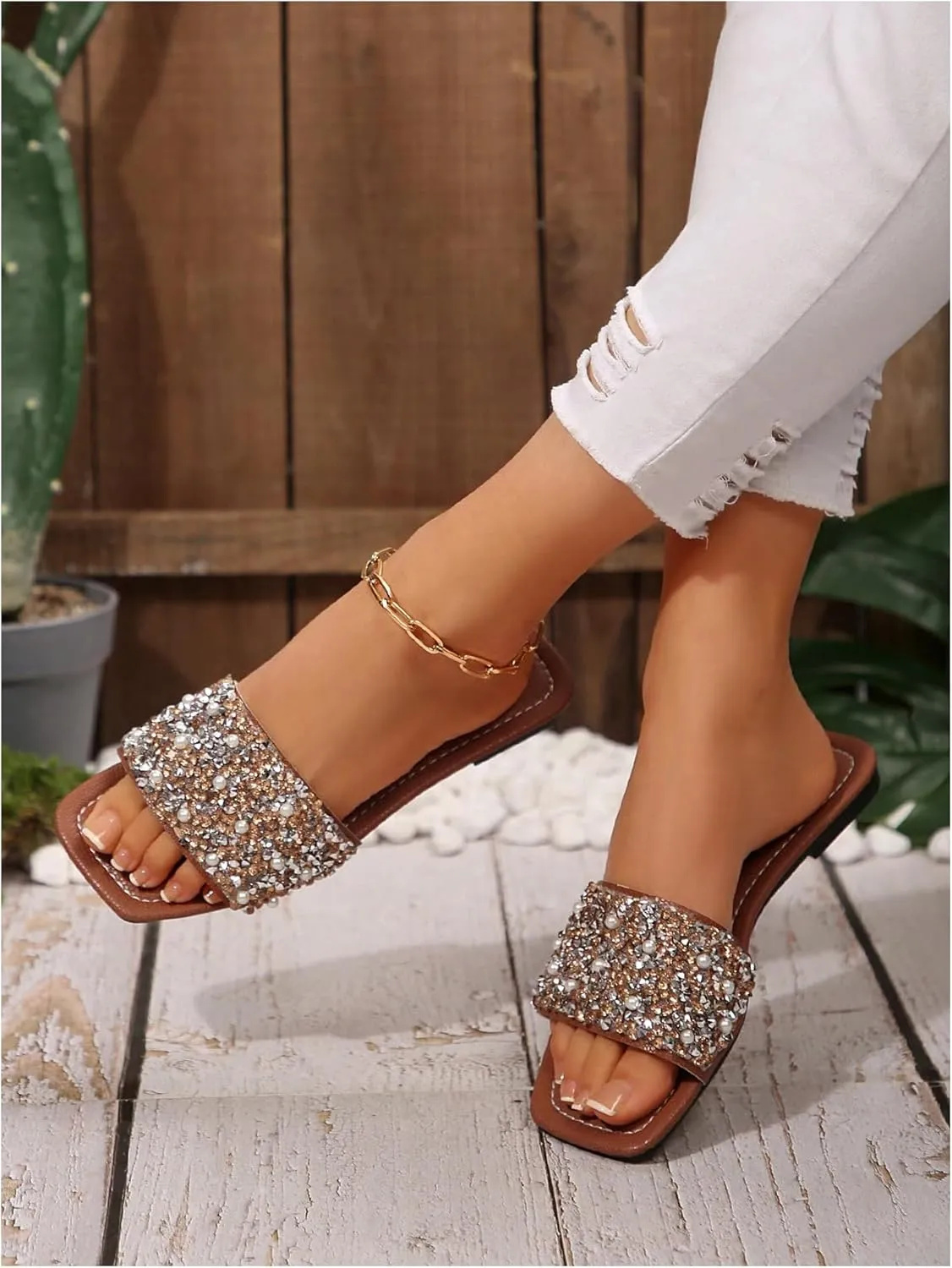 GORGLITTER Women's Pearl Glitter Flats Sandal Dressy Sparkly Sequin Open Toe Slip on Slides Summer Wedding Sandals