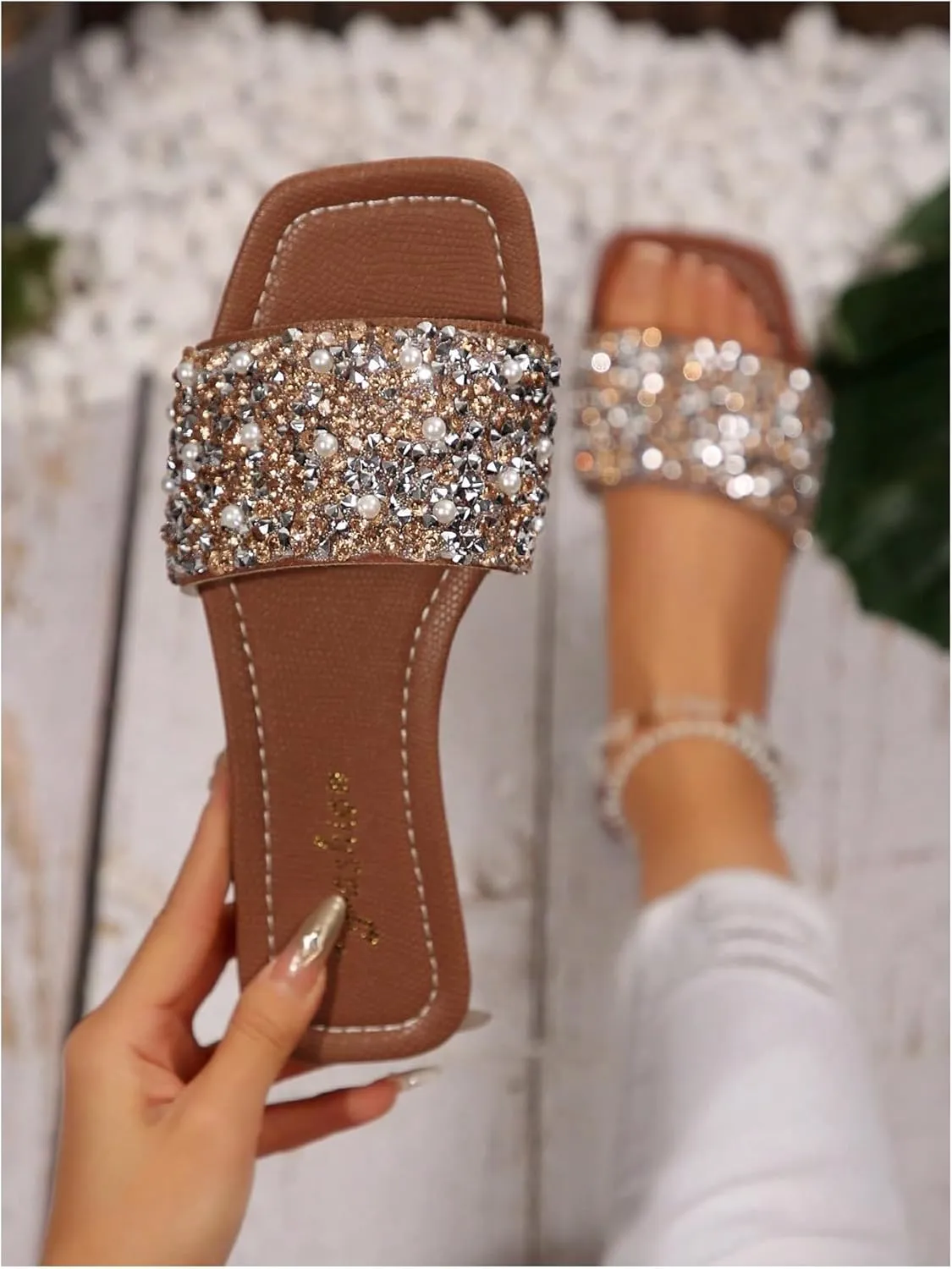 GORGLITTER Women's Pearl Glitter Flats Sandal Dressy Sparkly Sequin Open Toe Slip on Slides Summer Wedding Sandals