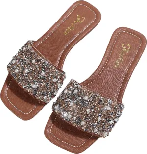 GORGLITTER Women's Pearl Glitter Flats Sandal Dressy Sparkly Sequin Open Toe Slip on Slides Summer Wedding Sandals