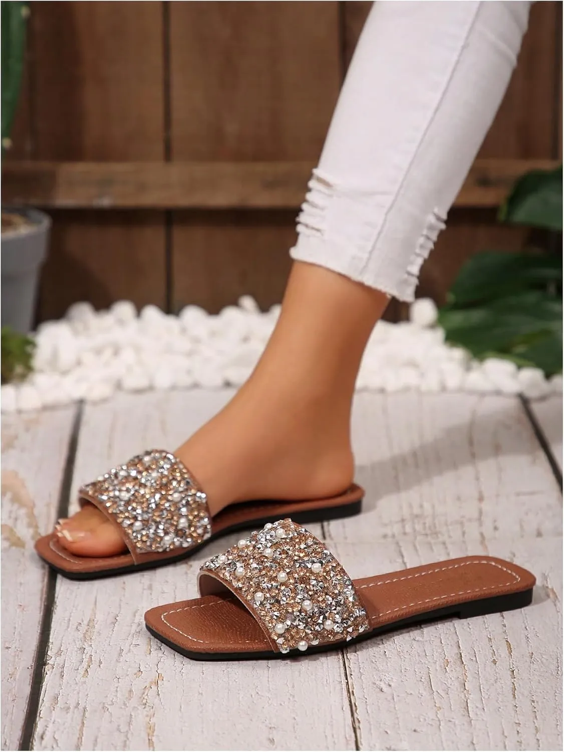 GORGLITTER Women's Pearl Glitter Flats Sandal Dressy Sparkly Sequin Open Toe Slip on Slides Summer Wedding Sandals