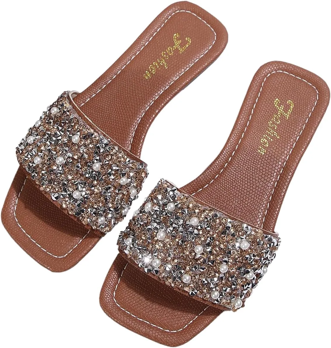 GORGLITTER Women's Pearl Glitter Flats Sandal Dressy Sparkly Sequin Open Toe Slip on Slides Summer Wedding Sandals