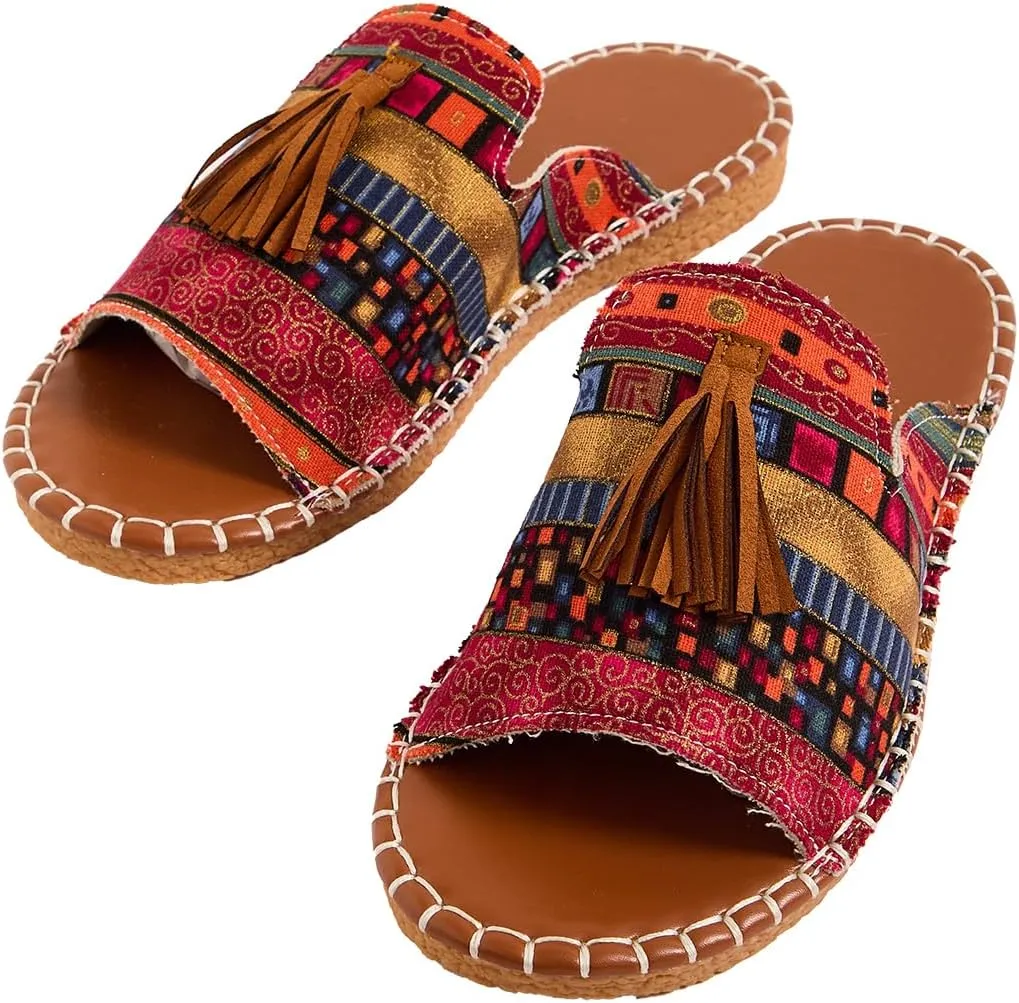 GORGLITTER Women's Rainbow Colorful Summer Flat Sandals 2025 Boho Beach Vacation Slides Shoes