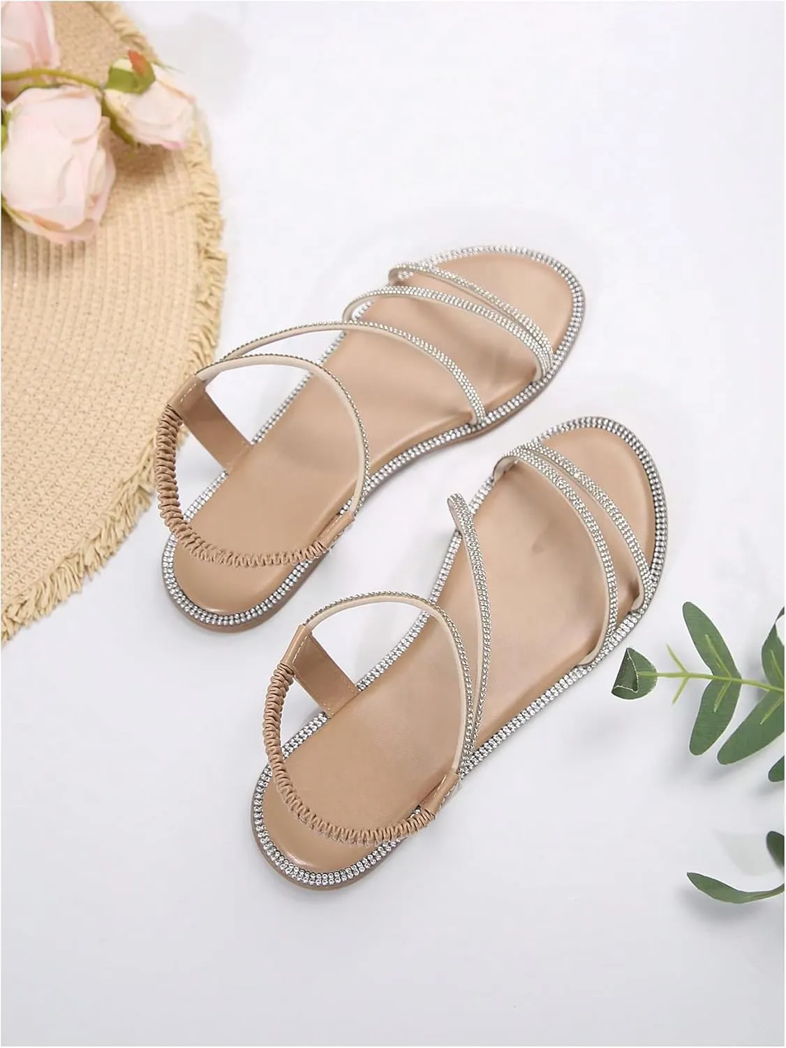 GORGLITTER Women's Rhinestone Sandals Glitter Open Toe Flats Sandal Sparkle Slingback Slides
