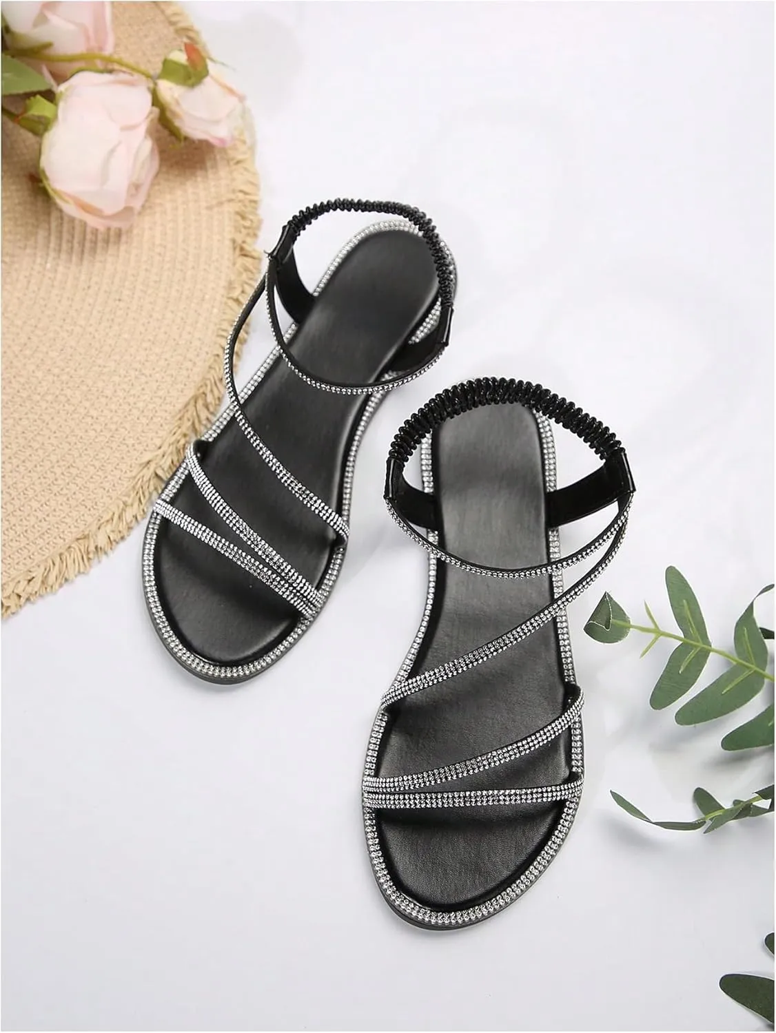 GORGLITTER Women's Rhinestone Sandals Glitter Open Toe Flats Sandal Sparkle Slingback Slides