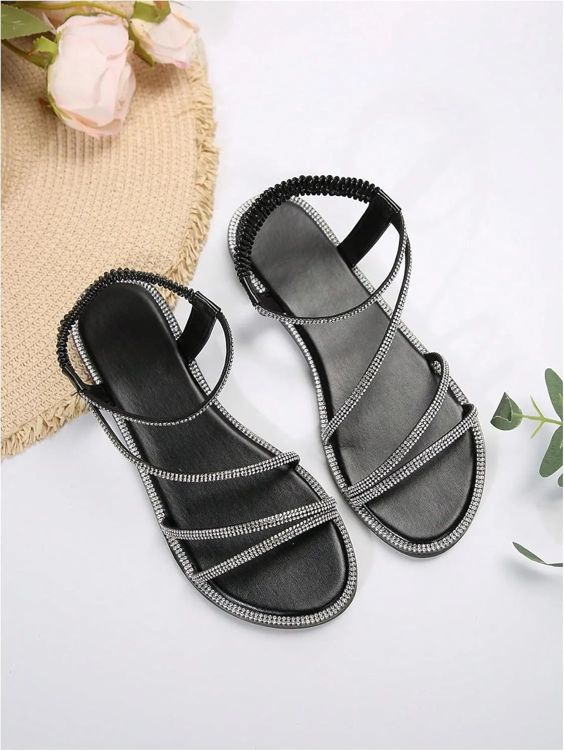 GORGLITTER Women's Rhinestone Sandals Glitter Open Toe Flats Sandal Sparkle Slingback Slides