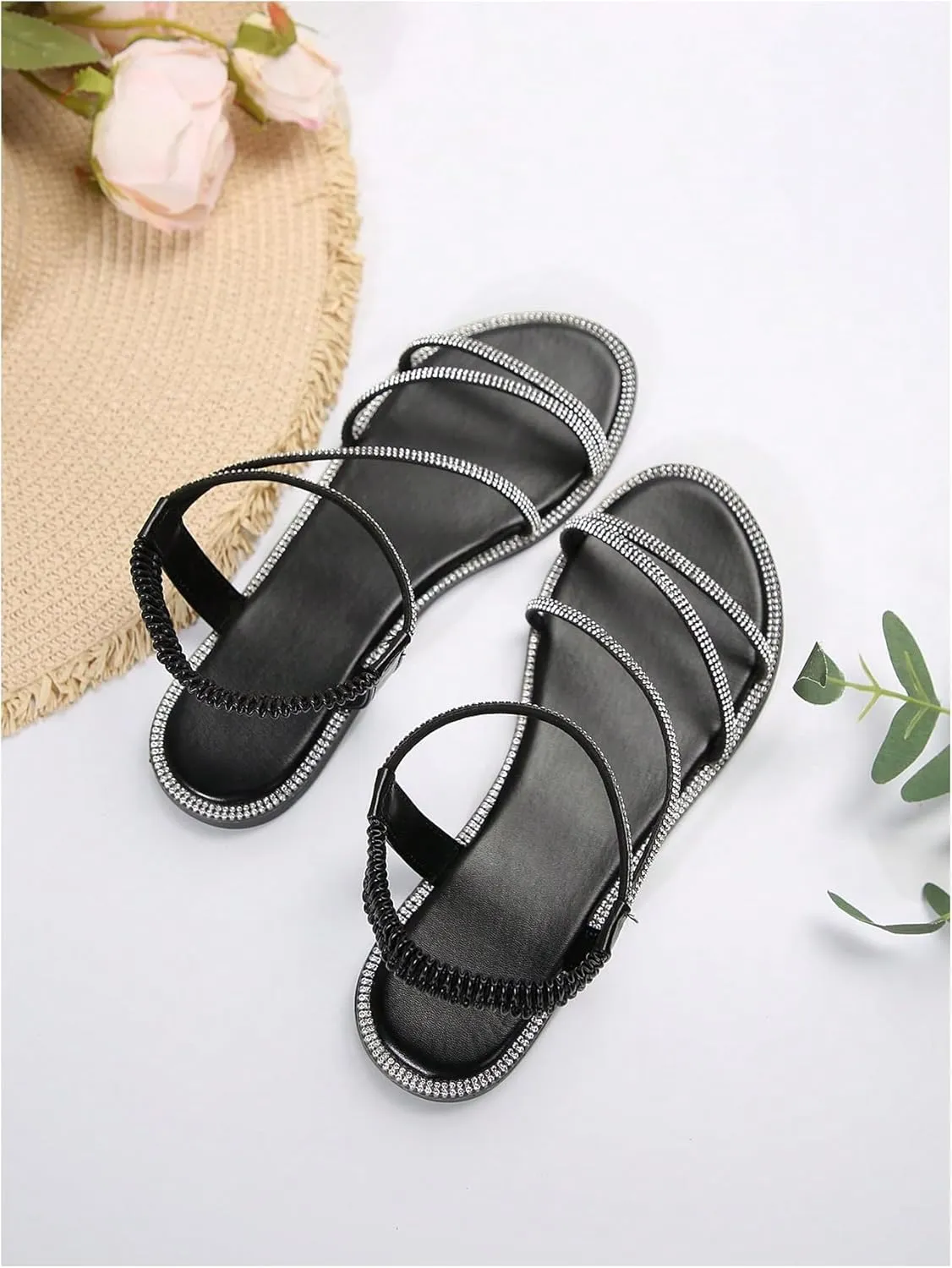 GORGLITTER Women's Rhinestone Sandals Glitter Open Toe Flats Sandal Sparkle Slingback Slides