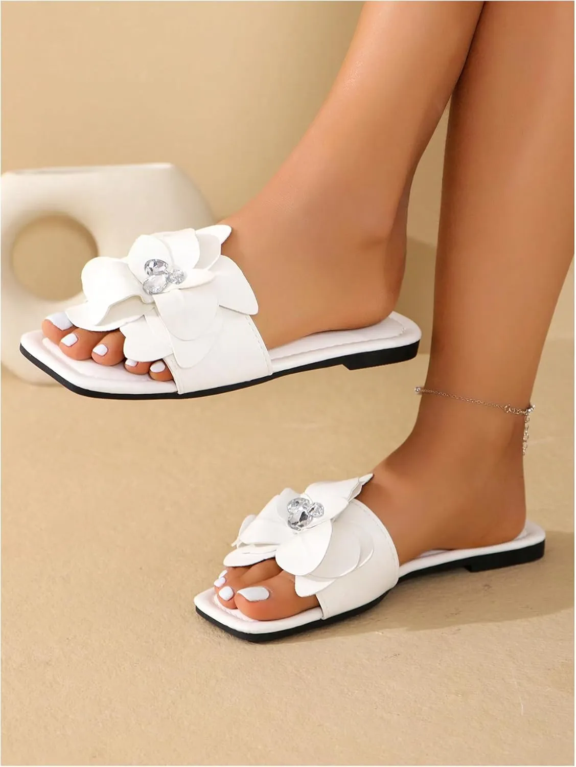GORGLITTER Women's Sparkly Rhinestone Flower Decor Flats Square Open Single Band Toe Slide Sandals