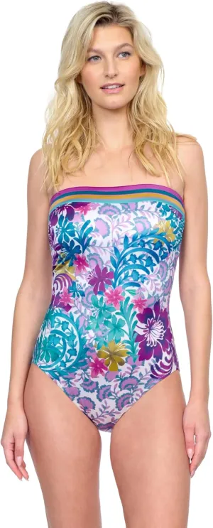 Gottex Women's Floral Vibrant Multi Color Bandeau One-Piece Swimsuit