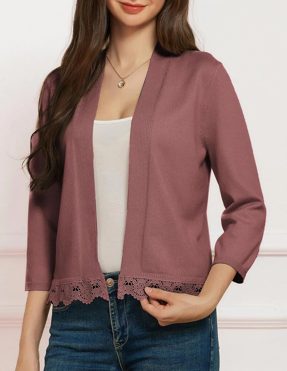 GRACE KARIN Women 3/4 Sleeve Cropped Cardigan Open Front V Neck Lace Lightweight Bolero Short Shrugs 2025 Summer