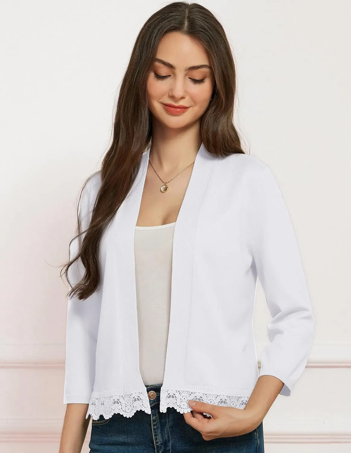 GRACE KARIN Women 3/4 Sleeve Cropped Cardigan Open Front V Neck Lace Lightweight Bolero Short Shrugs 2025 Summer