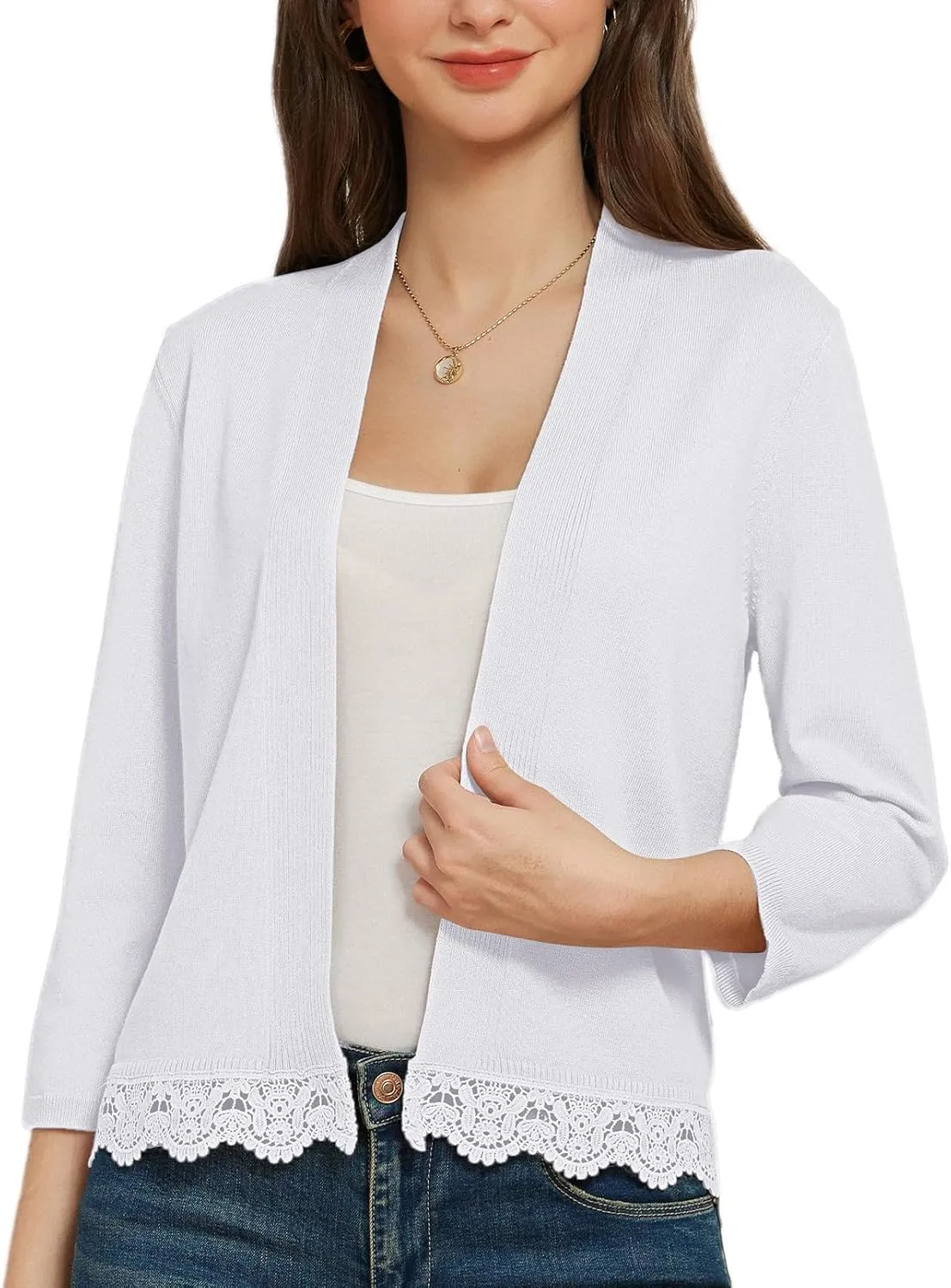 GRACE KARIN Women 3/4 Sleeve Cropped Cardigan Open Front V Neck Lace Lightweight Bolero Short Shrugs 2025 Summer