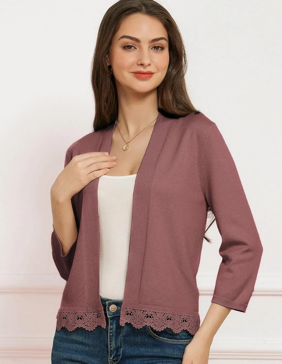 GRACE KARIN Women 3/4 Sleeve Cropped Cardigan Open Front V Neck Lace Lightweight Bolero Short Shrugs 2025 Summer