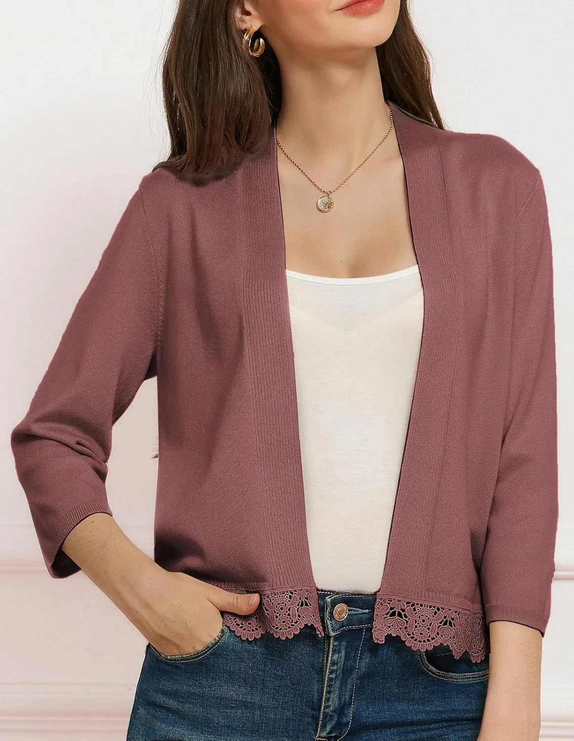 GRACE KARIN Women 3/4 Sleeve Cropped Cardigan Open Front V Neck Lace Lightweight Bolero Short Shrugs 2025 Summer