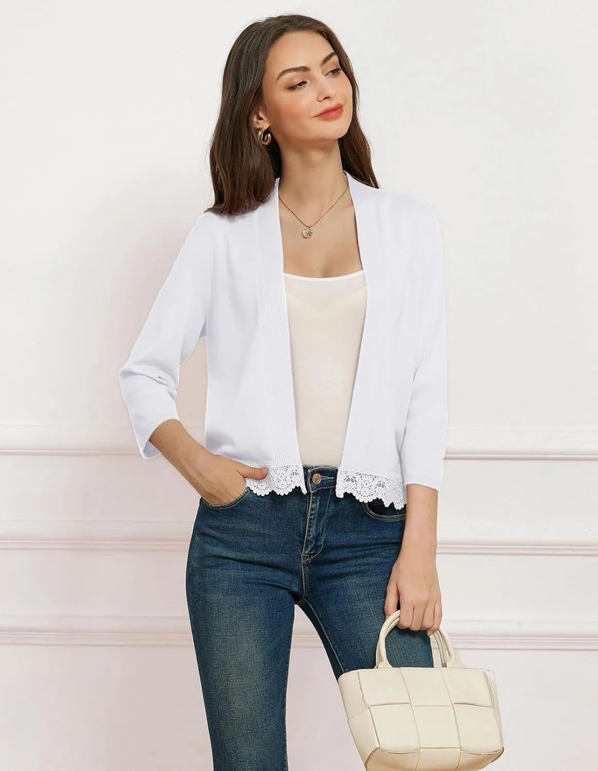 GRACE KARIN Women 3/4 Sleeve Cropped Cardigan Open Front V Neck Lace Lightweight Bolero Short Shrugs 2025 Summer