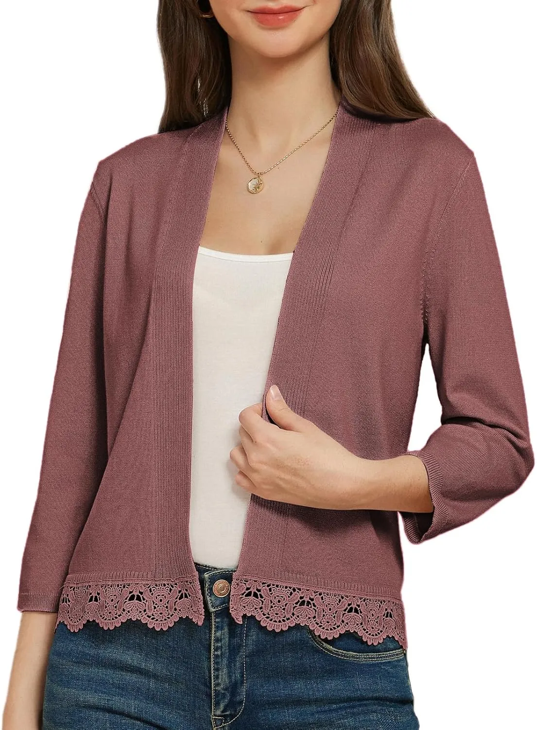 GRACE KARIN Women 3/4 Sleeve Cropped Cardigan Open Front V Neck Lace Lightweight Bolero Short Shrugs 2025 Summer
