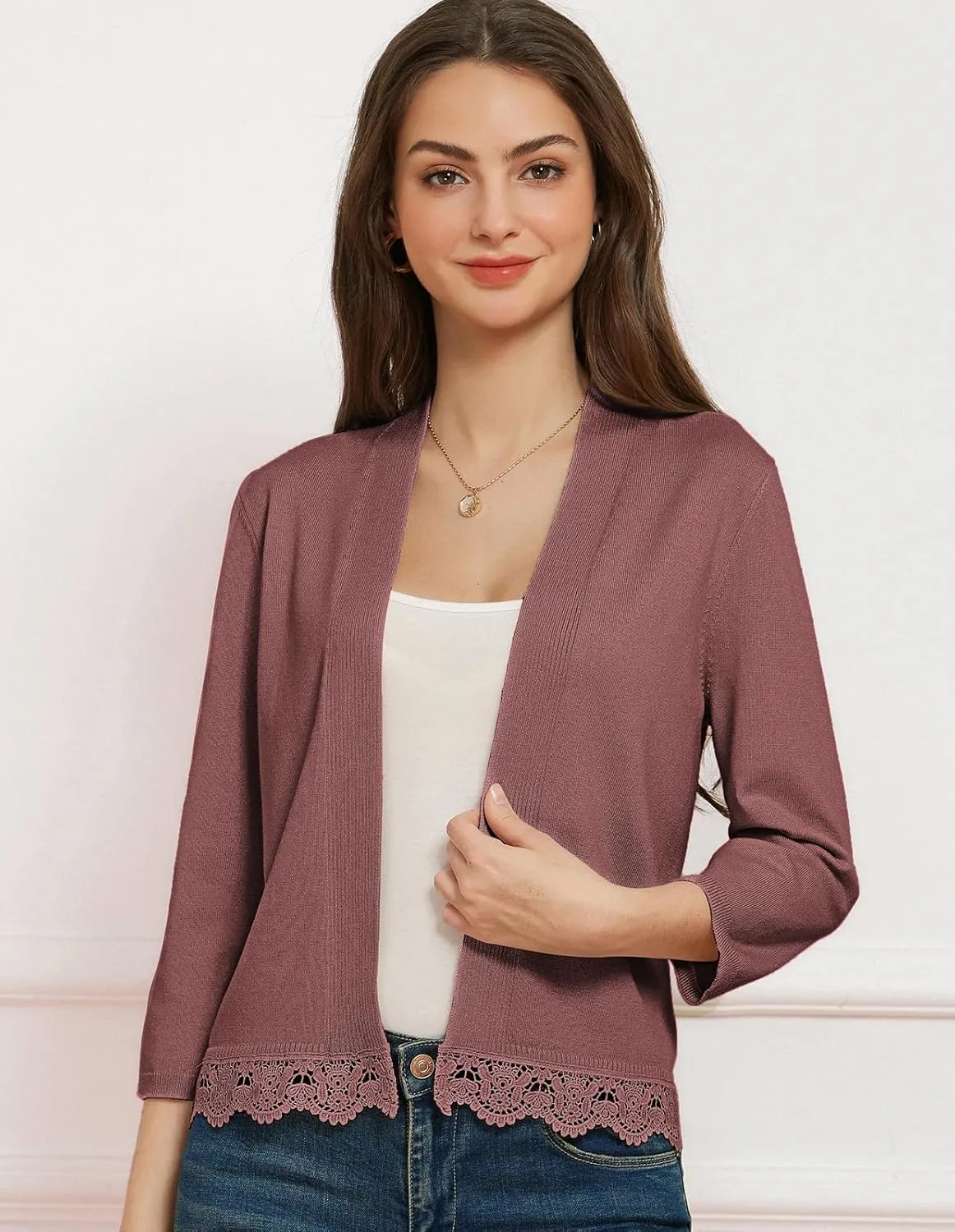 GRACE KARIN Women 3/4 Sleeve Cropped Cardigan Open Front V Neck Lace Lightweight Bolero Short Shrugs 2025 Summer