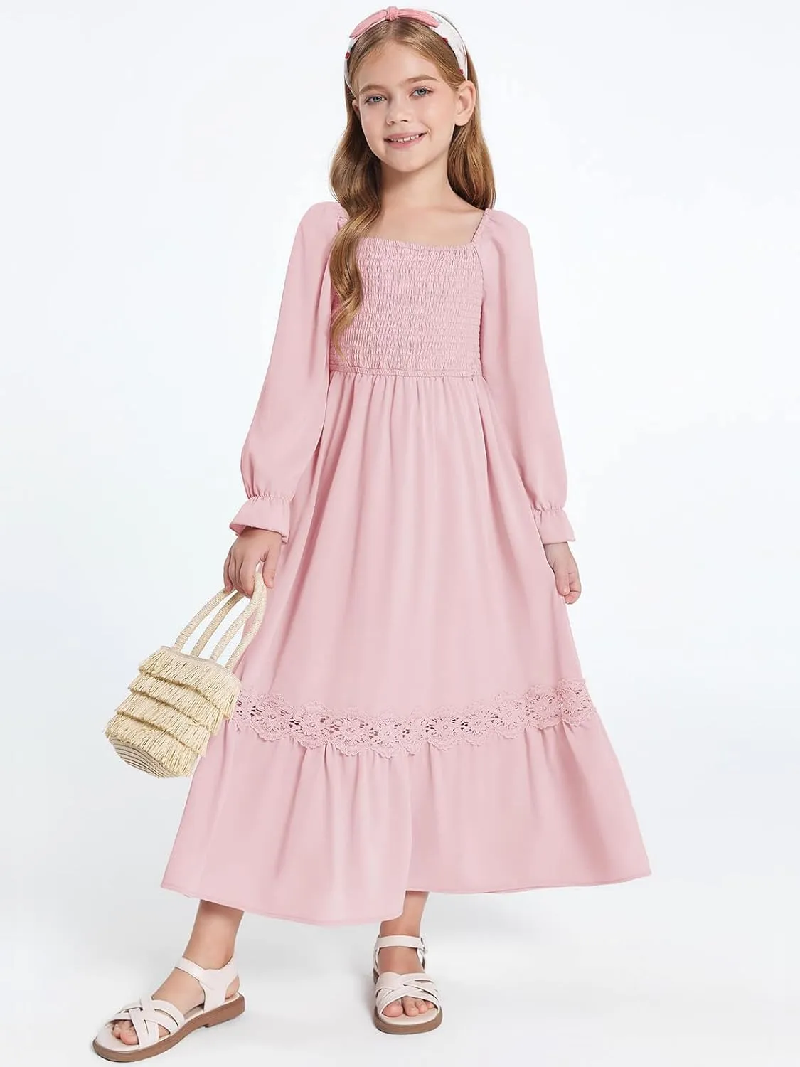 Haloumoning Girls Boho Summer Dresses Long Sleeve Square Neck Smocked Beach Dress Flowy A-line Maxi Dress 4-14 Years