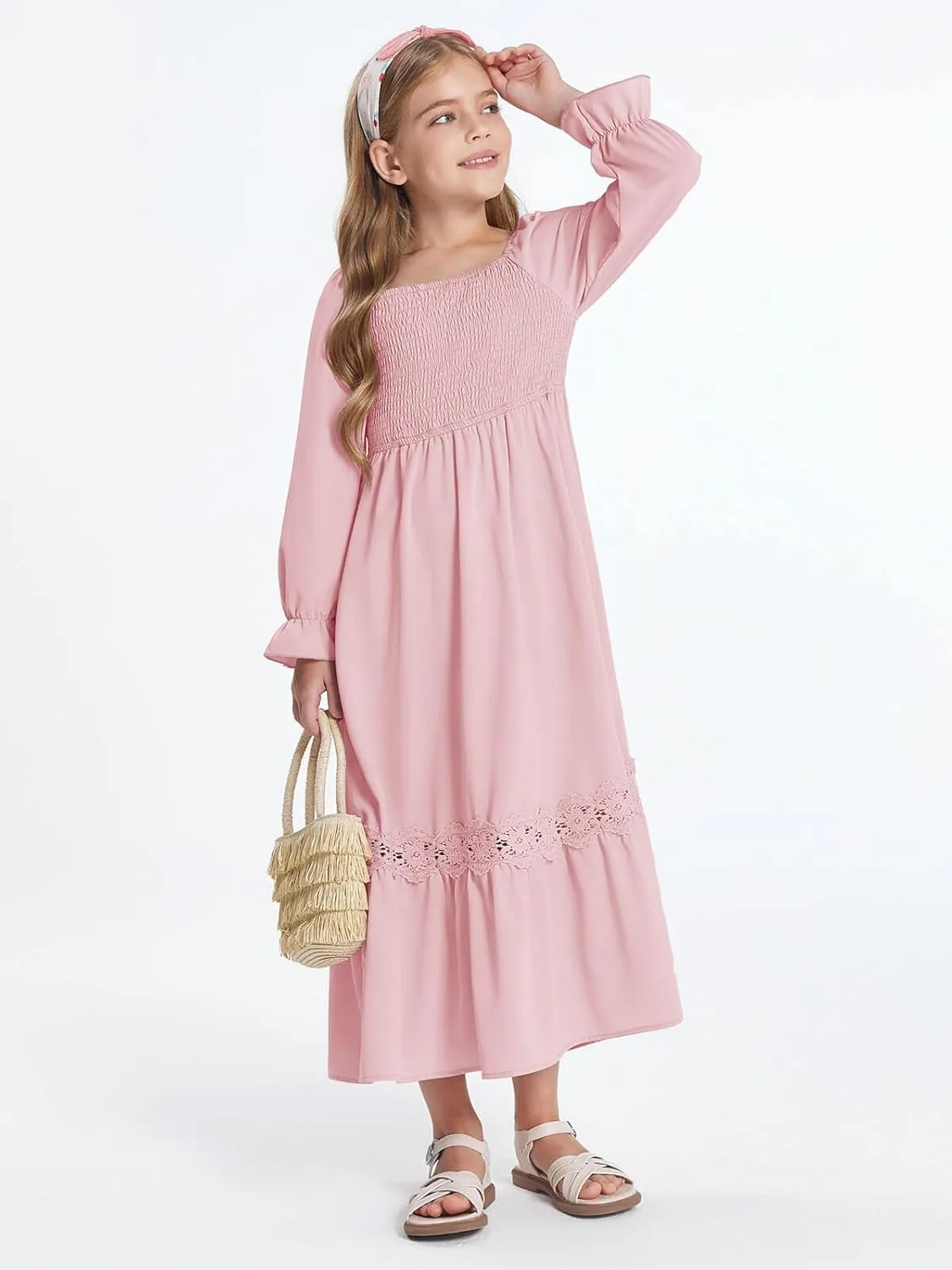 Haloumoning Girls Boho Summer Dresses Long Sleeve Square Neck Smocked Beach Dress Flowy A-line Maxi Dress 4-14 Years