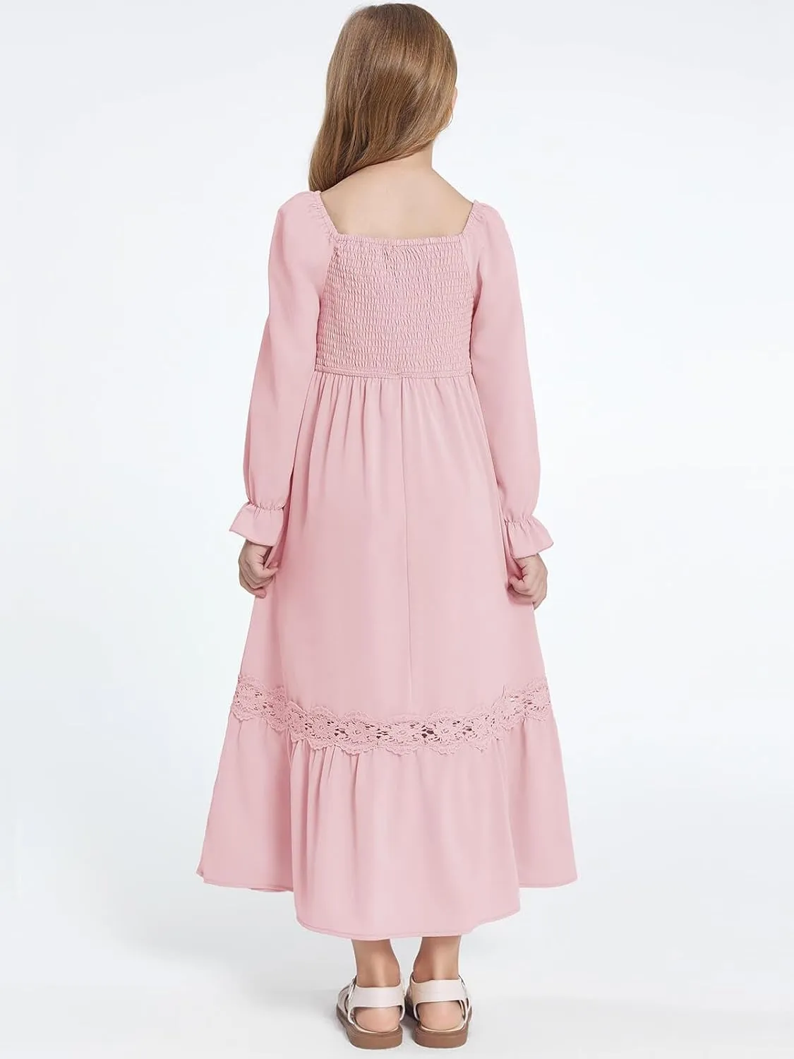 Haloumoning Girls Boho Summer Dresses Long Sleeve Square Neck Smocked Beach Dress Flowy A-line Maxi Dress 4-14 Years