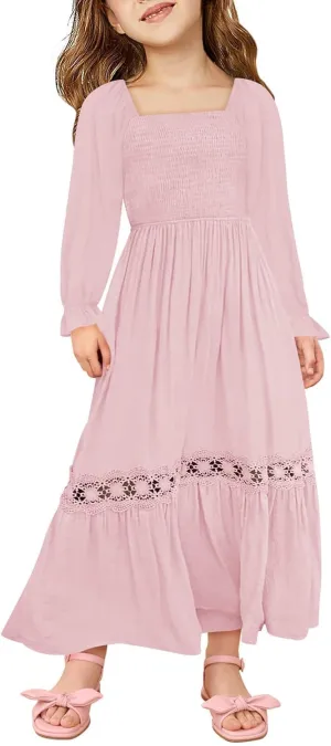 Haloumoning Girls Boho Summer Dresses Long Sleeve Square Neck Smocked Beach Dress Flowy A-line Maxi Dress 4-14 Years