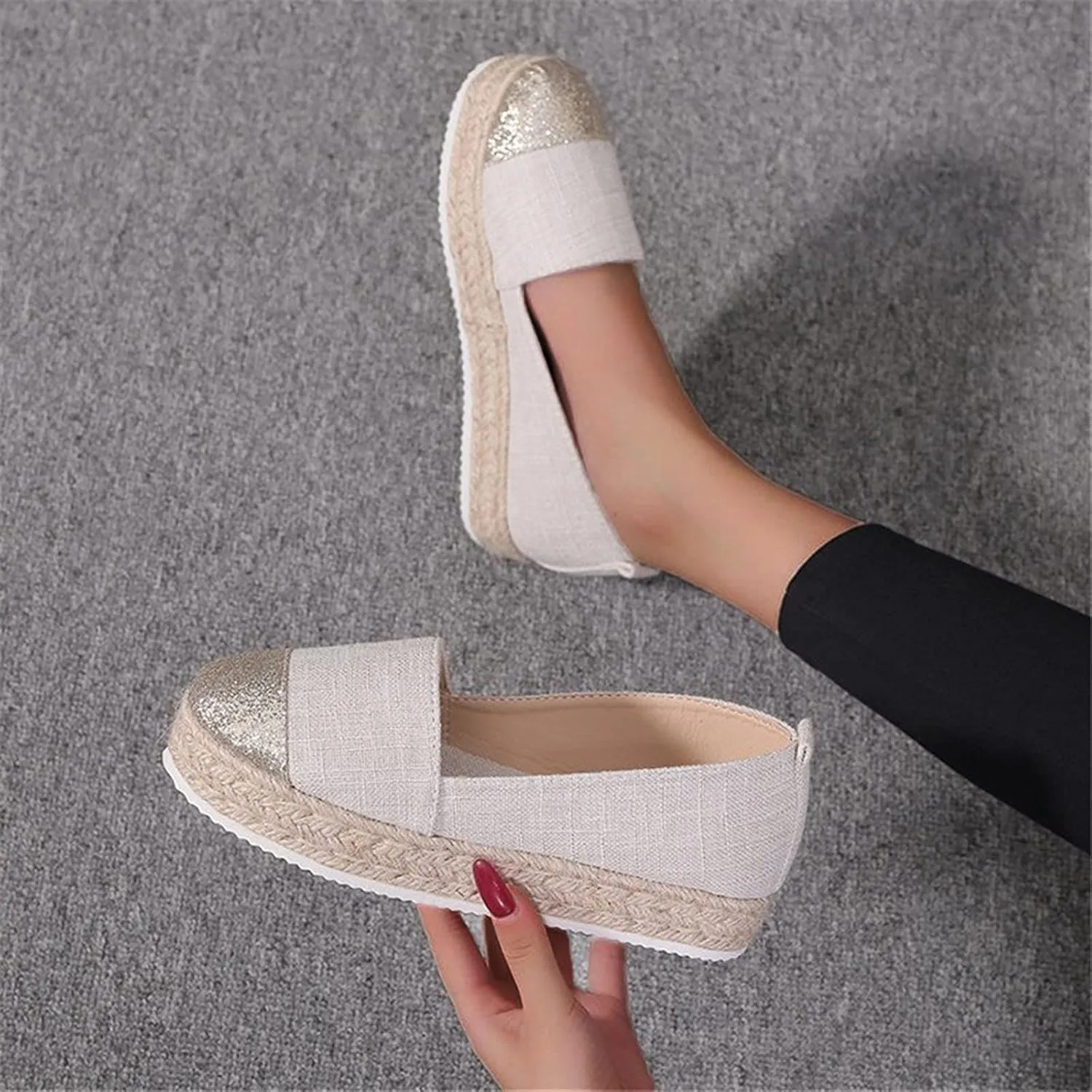 Hbeylia Platform Espadrilles for Women Breathable Cotton Linen Glitter Sequin Closed Toe Slip On Sneaker Shoes High Heel Dress Loafer Ballet Flat for Ladies (Beige, 8.5)