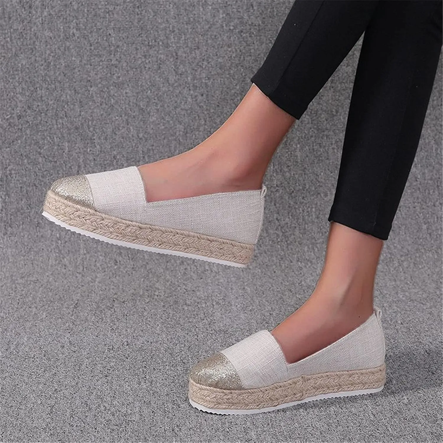 Hbeylia Platform Espadrilles for Women Breathable Cotton Linen Glitter Sequin Closed Toe Slip On Sneaker Shoes High Heel Dress Loafer Ballet Flat for Ladies (Beige, 8.5)