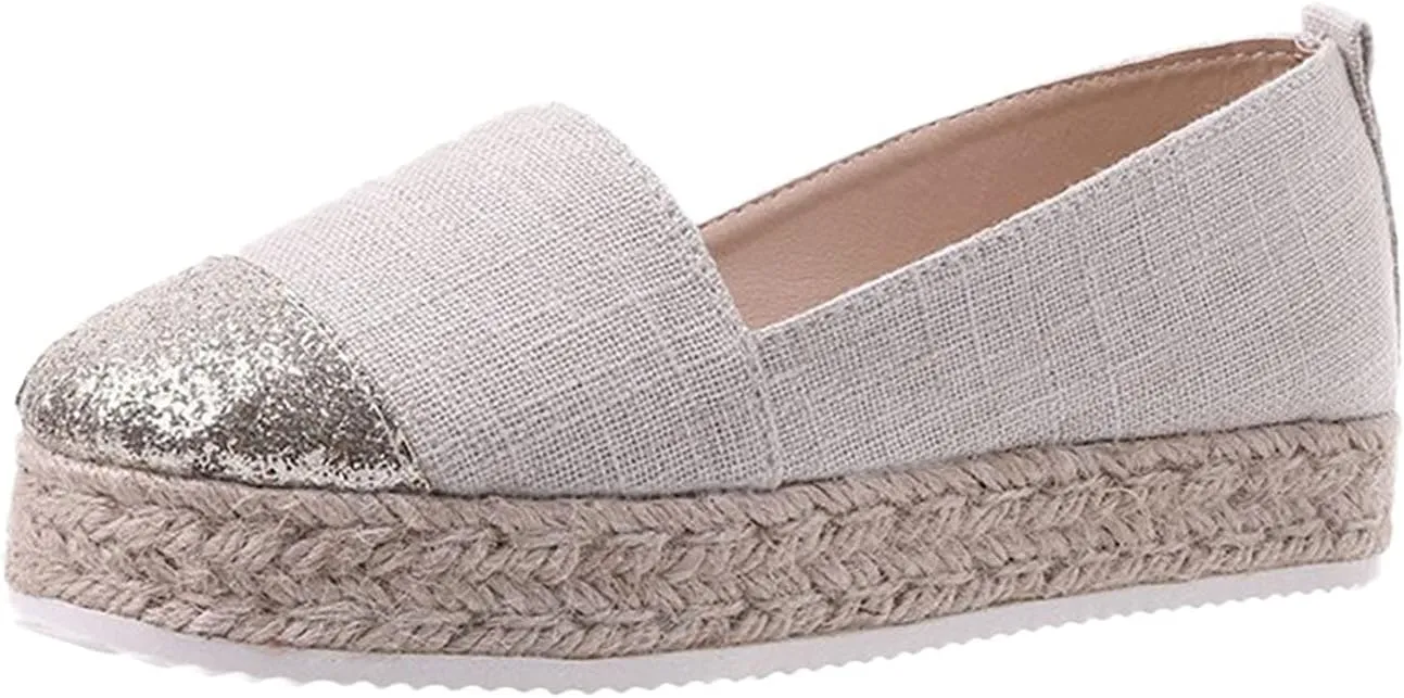 Hbeylia Platform Espadrilles for Women Breathable Cotton Linen Glitter Sequin Closed Toe Slip On Sneaker Shoes High Heel Dress Loafer Ballet Flat for Ladies (Beige, 8.5)